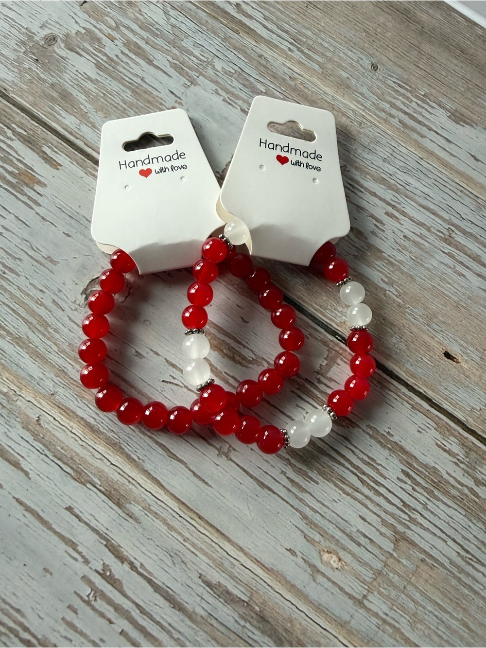 Red and White Beaded Bracelet Set, handmade bracelets, red jewelry, red beads